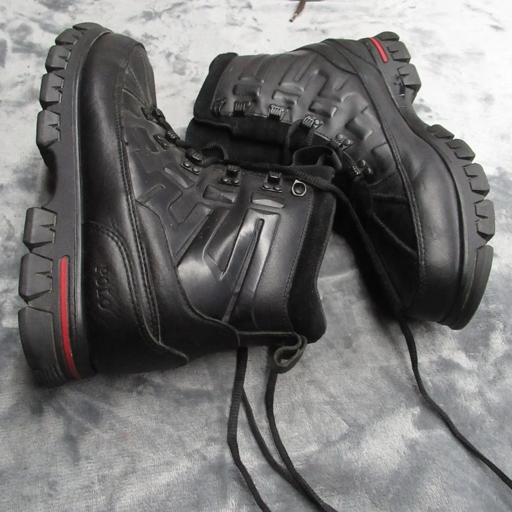 Polo Ralph Lauren Men Delton Boots 10D Black Leather Suede Winter Snow Rugged‎